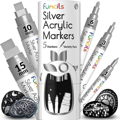 5 Acrylic Silver Paint Pen - Silver Marker Metallic Paint Pens for Fabric, Wood, Canvas, Leaf, Metal, Glass, Plastic - Permanent Pen Fine Tip, Thin Point & Jumbo (1mm, 3mm, 6mm, 10mm, 15mm)