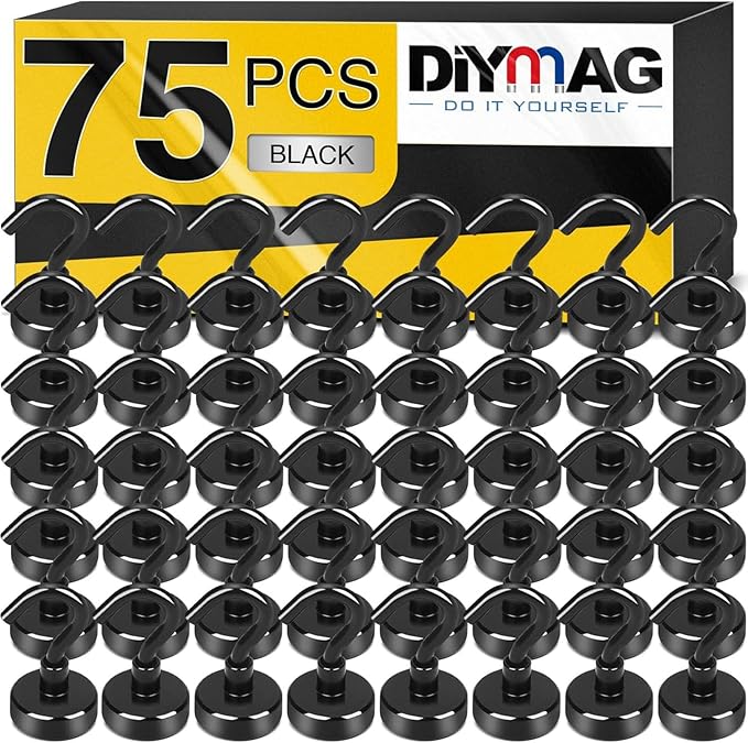 DIYMAG Magnetic Hooks, 30Lbs Strong Heavy Duty Cruise Magnet S-Hooks for Classroom, Fridge, Hanging, Cabins, Grill, Kitchen, Garage, Workplace and Office etc, (75 Pack-Black)
