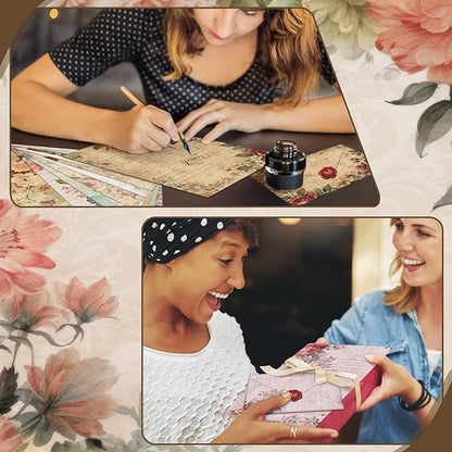 TaoBary 160 Packs Stationery Paper Set (50 Double Sided Stationery Writing Papers 50 Matching Envelopes) 60 Round Dot Sticker, 10 Design(Vintage Floral,5.5 x 8.25 Inch)