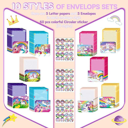 TaoBary 160 Packs Stationery Paper Set (50 Double Sided Stationery Writing Papers 50 Matching Envelopes) 60 Round Dot Sticker, 10 Design(Unicorn,8.5 x 11 Inch)