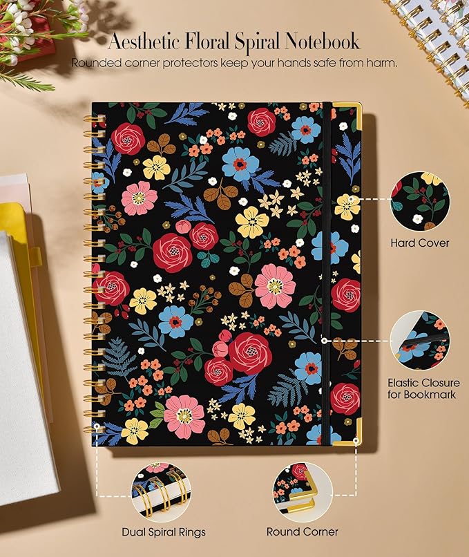 Cute Spiral Notebook Journal for Women, 200 Pages Lined Notebooks 8.5” x 11”, A4 Large Hardcover Spiral Journals with 100 GSM Thick Paper, College Ruled Notebook for Writing Work School, Rose Floral