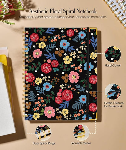 Cute Spiral Notebook Journal for Women, 200 Pages Lined Notebooks 8.5” x 11”, A4 Large Hardcover Spiral Journals with 100 GSM Thick Paper, College Ruled Notebook for Writing Work School, Rose Floral