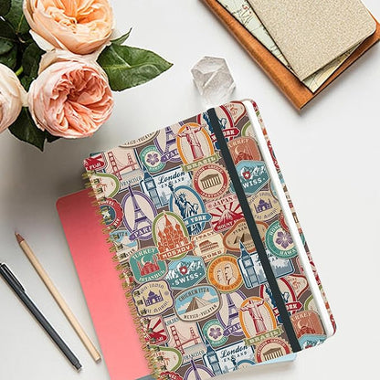 Spiral Notebook - A5 Spiral Notebooks, 8.3'' × 5.8'', 160 Pages, Aesthetic Journaling Notebooks for Women, College Lined Notebook with Elastic Closure, Back Pocket, for School Office, stampB