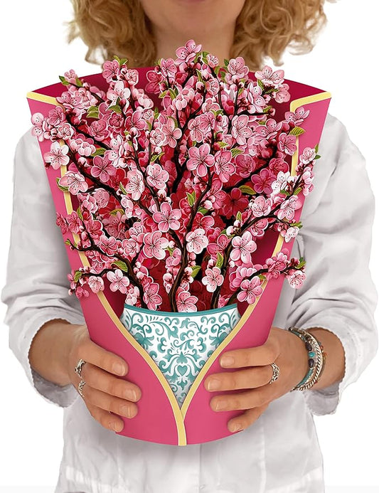 Freshcut Paper Pop Up Cards, Cherry Blossoms 12 inch Paper Flower Bouquet Greeting Cards with Blank Note Card & Envelope, Birthday Gifts for Women