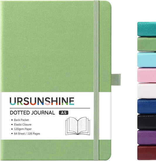 Dotted Journal/Notebook - Dot Grid Hard Cover Notebook, Premium Thick Paper with Fine Inner Pocket, Black Smooth Faux Leather, Pen Loop, 5.3'' x 8.26'' - Light Green