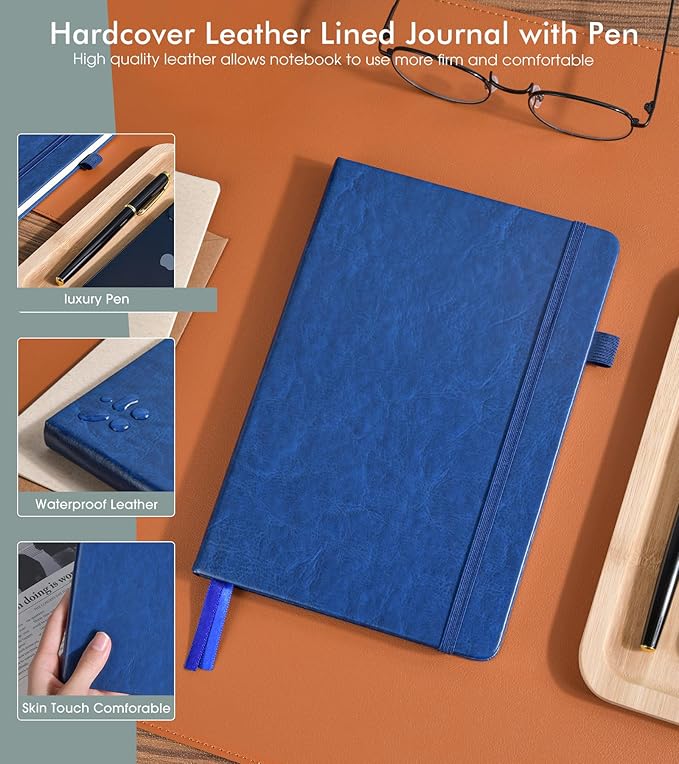 Lined Journal Notebook for Men Women, 200 Numbered Pages Leather Hardcover Journal with Pen, A5 Journaling Notebooks, Thick Paper College Ruled Journals for Writing Work 5.75'' X 8.38'' Navy Blue