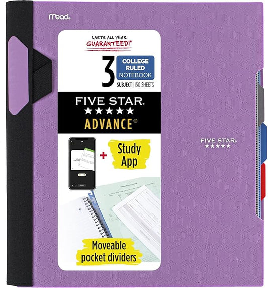 Five Star Advance Spiral Notebook + Study App, 3 Subject, College Ruled Paper, 8-1/2" x 11", 150 Sheets, Spiral Guard, Movable Tabbed Dividers and Pockets, Amethyst Purple (820060G)
