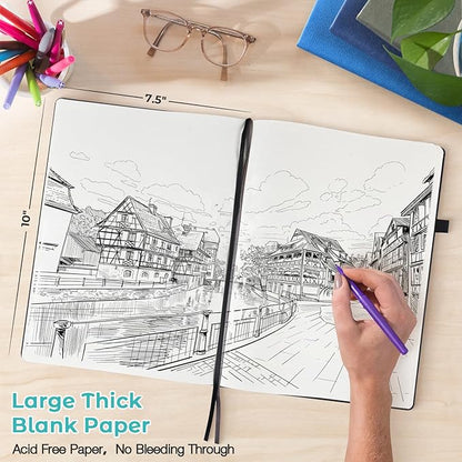 Blank Notebook, Hardcover Sketch Book, 8.5" x 11" Large Blank Journal, No Bleed Thick Paper Sketchbook for Drawing Art, Unlined Notebook Journal for Women Men, A4 Leather Sketchbook, Lay Flat, Teal