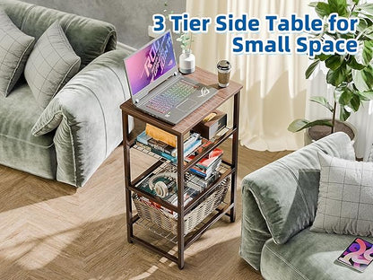 Printer Stand Holder 3 Tier - Heavy Duty Metal Shelving Unit for Under Desk Printer Storage Office Organizer, Industrial Printer Side Table with Wood Desktop for Scanner Fax Machine