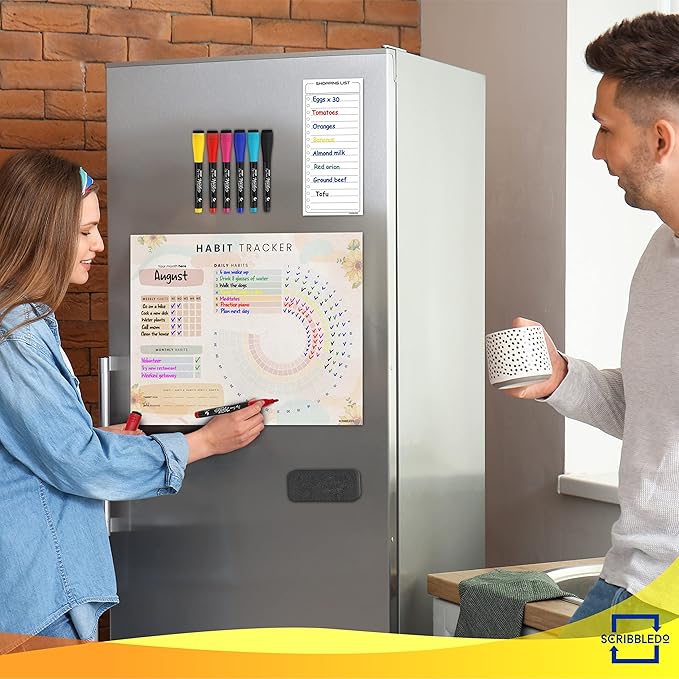 Habit Tracker Journal Workout Motivation Fridge Calendar Dry Erase 13” X 17” Magnet Health Fitness Goal Tracker Goals Board - with Shopping Grocery List - 6 Markers Included