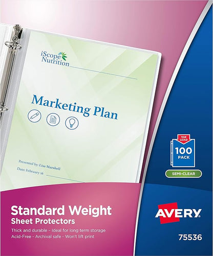 Avery Semi-Clear Standard Weight Sheet Protectors, Top Load, 100 Document Protectors (75536)