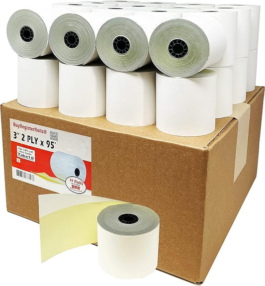 (32 Rolls) 2 Ply Carbonless Rolls 3" X 95 Feet White/Yellow Receipt Paper POS Cash Register Two Ply White/Canary for Star Micronics SP700 SP2000 UP389 Omni 480 TMU 220 250 Require Ribbons ERC30/34/38