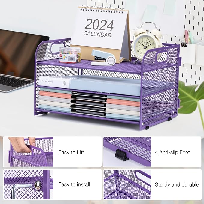 3-Tier Letter Tray Paper Organizer with Handle,Compact Mesh Desk File Organizer for Home Office Supplies Desktop Accessories,Purple