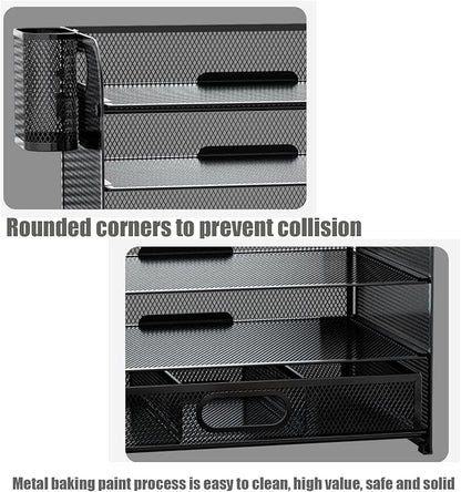 4-Tier Mesh Reader Desktop Accessory Storage,Desk File Organizer with A Sliding Drawer Two Pen Holders,Office Supplies Desk Organizer for Home Office