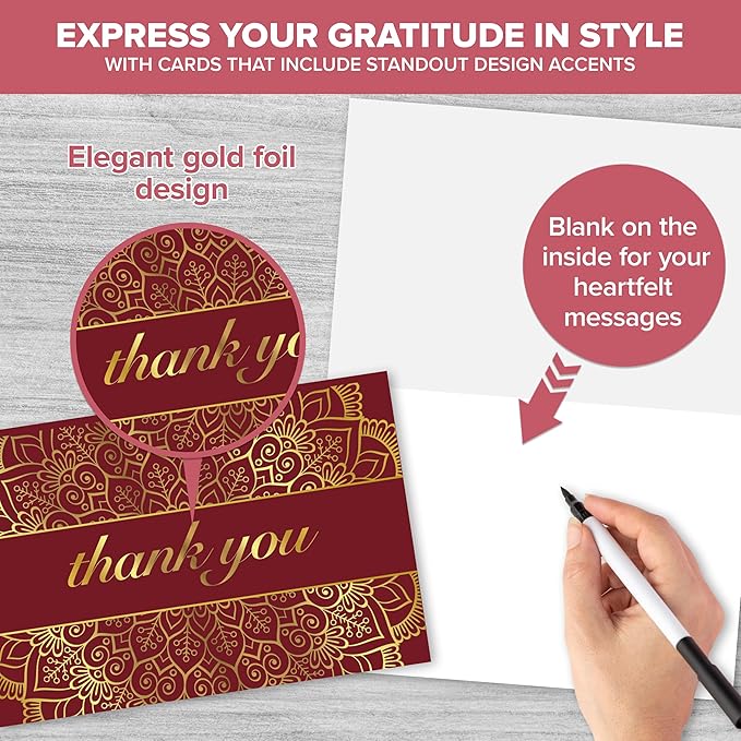 Decorably 24 Pack Gold-Foiled 6x4in Red Thank You Cards with Envelopes and Stickers, 6 Elegant Designs Red and Gold Thank You Cards, Blank Inside - Wedding, Holidays