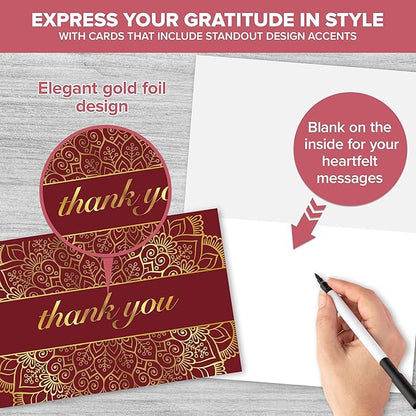 Decorably 24 Pack Gold-Foiled 6x4in Red Thank You Cards with Envelopes and Stickers, 6 Elegant Designs Red and Gold Thank You Cards, Blank Inside - Wedding, Holidays