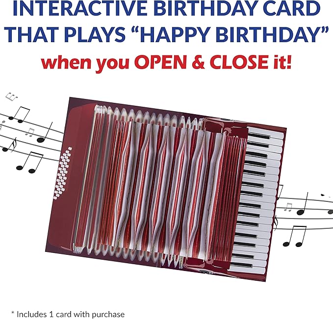 100 GREETINGS Interactive Accordion Birthday Card – Musical Birthday Cards for Men, Music Present for Men, Musicians & Son, Happy Birthday Card for Men, Musicians Gift, Open/Close to Play Song (Red)