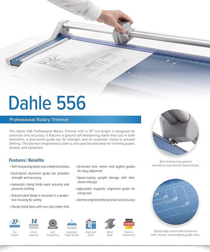 Dahle 556 Professional Rotary Trimmer, 37" Cut Length, 14 Sheet Capacity, Self-Sharpening, Dual Guide Bar, Automatic Clamp, German Engineered Paper Cutter