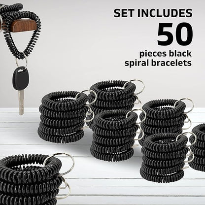 50PCS Keychain Wristlet Wrist Keychain Wristband Elastic Stretchable Spiral Bracelet Key Hook Key Holder for Gym Pool Spring Spiral Coil Black
