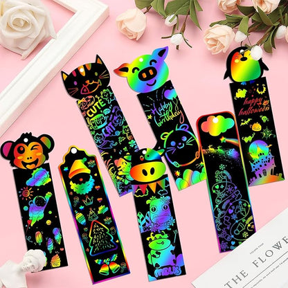 100 Sets Scratch Art Bookmarks Making Kit for Kids, Scratch Paper DIY Animal Bookmarks Bulk with 100 Pcs Ribbons and 100 Pcs Wood Stylus for Classroom Activities Party Favors, 13 Styles(B)