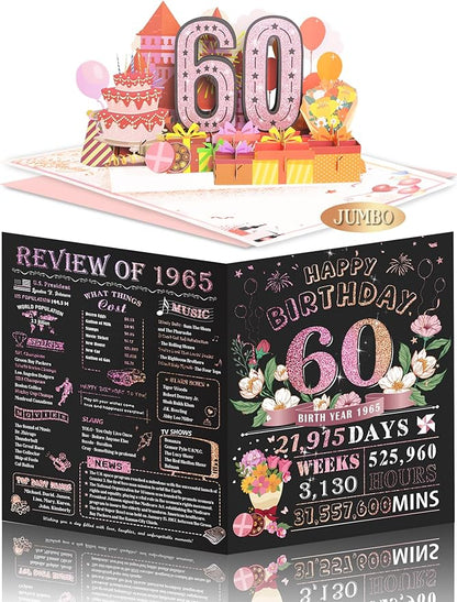 60th Birthday Card for Women Her, Jumbo Pop Up 60th Birthday Cards for Wife Mom, Happy 60th Birthday Decorations for 60 Year Old Women Funny Birthday Gifts, Review of 1965, Pink
