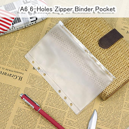 12PCS A6 Size Binder Pockets, Zipper Binder Pocket, 3-Pockets Storing Bag, Two Types, Clear 6-Hole Binder Zipper Folders, Waterproof PVC Zipper Loose Leaf Bags for Home Office School Supplies