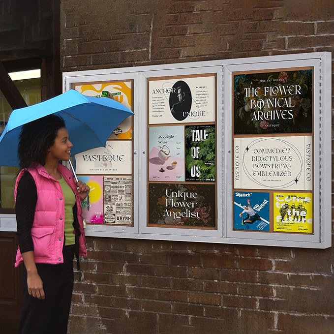 SWANCROWN Weather Resistant Enclosed Bulletin Board Cork Displays Case Wall Mounted Notice Cabinet with Three Lockable Doors, 70x36 inches