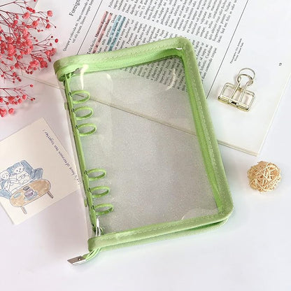 Multibey A5 Binder Cover Clear Soft PVC 6-Ring Binder Budget Cash Evelopes System with Zipper Planner Organizer Refillable Notebook Journal Binder (Grass Green, A6)