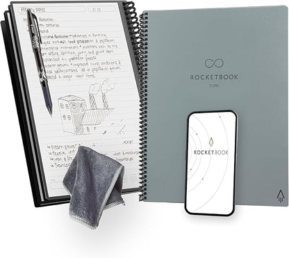 Rocketbook New Core Reusable Spiral Notebook, Letter Size 8.5x11, Gray - Lined Pages, App-Connected, Erasable, Durable Cover, Ideal for School, Work, and Creative Projects (Pack of 1)