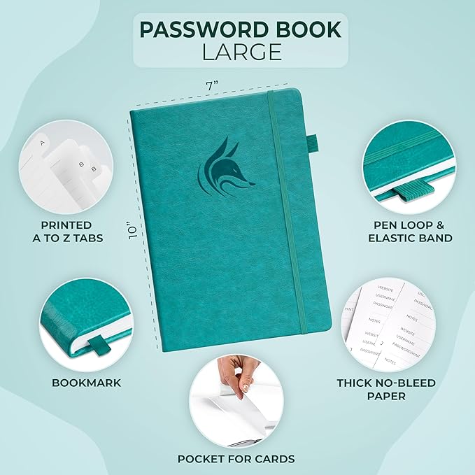 Clever Fox Password Book with Alphabetical tabs. Internet Address Organizer Logbook. Large Password Keeper for Website Logins (Aquamarine)