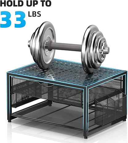 Marbrasse Metal Printer Stand for Desk with Storage Drawer and 2 Pen Holders, 2-Tier Desktop Organizer Printer Table for Home Office, Multi-Purpose Desk Organizer for Fax Machine Scanner Files(Black)