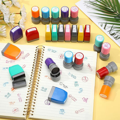 Yinder 24 Pcs Teacher Stamps for Classroom Self Inking Classroom Stamps Bulk for Teachers Elementary Colorful Motivational Encouraging Gifts(Cute)