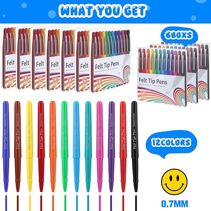 72 Pcs Felt Tip Pens 0.7mm Medium Point Felt Pen Bulk 12 Colors Markers Journal Planner for Teachers Students Journaling Writing Note Art Office School Supplies