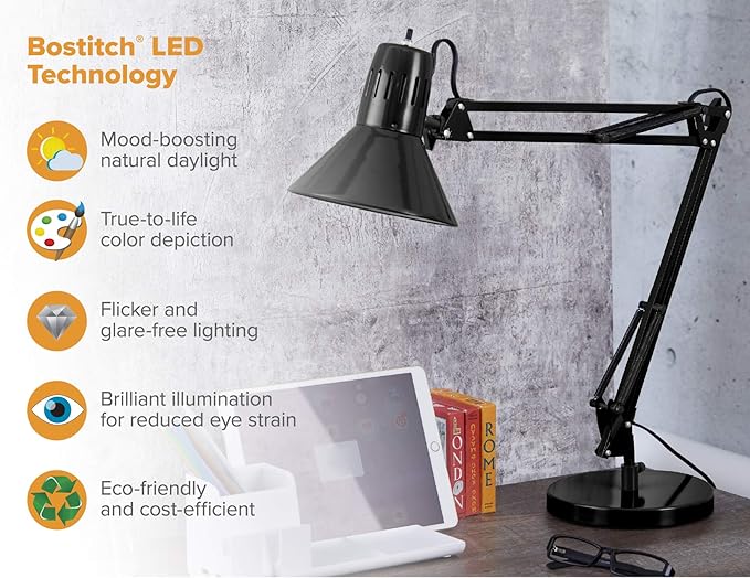 Bostitch Office VLF100D Swing Arm Desk Lamp, Metal, 36" Reach with Multi-Joint Adjustment, Includes Replaceable LED Bulb (VLF), Black