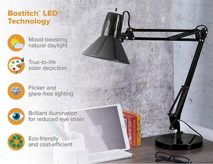 Bostitch Office VLF100D Swing Arm Desk Lamp, Metal, 36" Reach with Multi-Joint Adjustment, Includes Replaceable LED Bulb (VLF), Black
