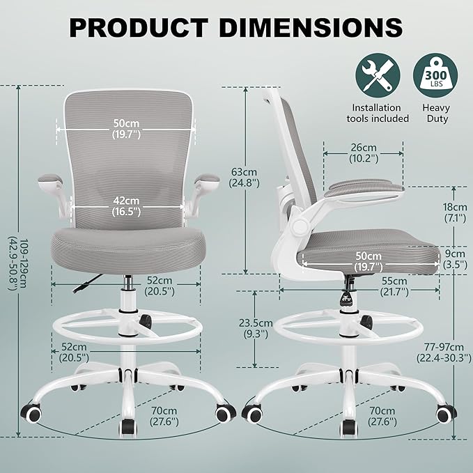 FelixKing Drafting Chair Ergonomic Tall Office Chair, Breathable Mesh Chair with Adjustable Footrest Ring Lumbar Support Flip-up Armrests, High Back Executive Comfy Task Computer Chair for Home Office
