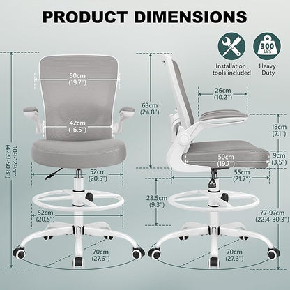 FelixKing Drafting Chair Ergonomic Tall Office Chair, Breathable Mesh Chair with Adjustable Footrest Ring Lumbar Support Flip-up Armrests, High Back Executive Comfy Task Computer Chair for Home Office