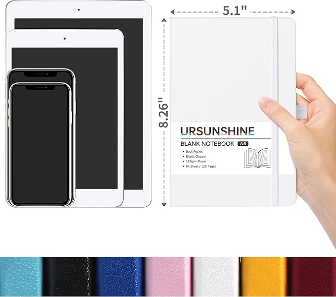 Blank Journal/Notebook - Classic Notebook/Journal with Ribbon Divider, Hardcover with Thick Paper, 5.3'' x 8.26'', Banded + Pen Holder +Inner Pocket - White