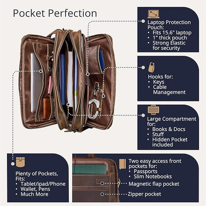 Luxorro Full Grain Leather Briefcase for Men, Top Choice Gifts, Handcrafted Laptop Bag with Multiple Compartments and Brass Hardware, Fits 15.6 Inch Laptop