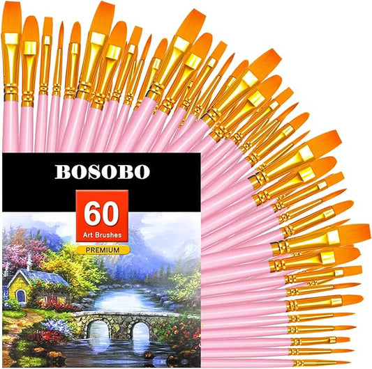 BOSOBO Paint Brushes Set, 6 Pack 60 Pcs Round Pointed Tip Paintbrushes Nylon Hair Artist Acrylic Paint Brushes for Acrylic Oil Watercolor, Face Nail Art, Miniature Detailing & Rock Painting, Pink