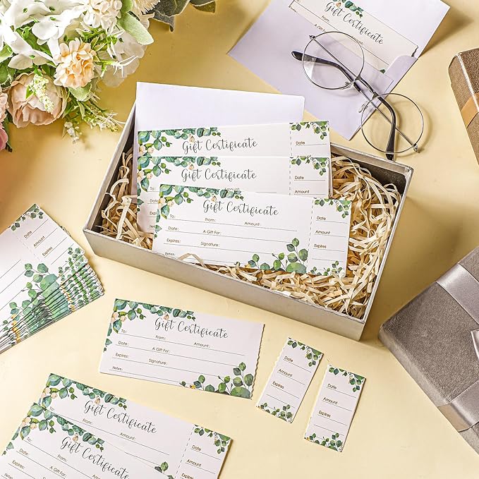 50 Sets Gift Certificate for Business with 50 Pcs Envelopes Blank Gift Certificate Cards with Name and Address Rustic for Beauty Salon Restaurants Birthday Client (Eucalyptus Leaves,4.72 x 2.36 Inch)