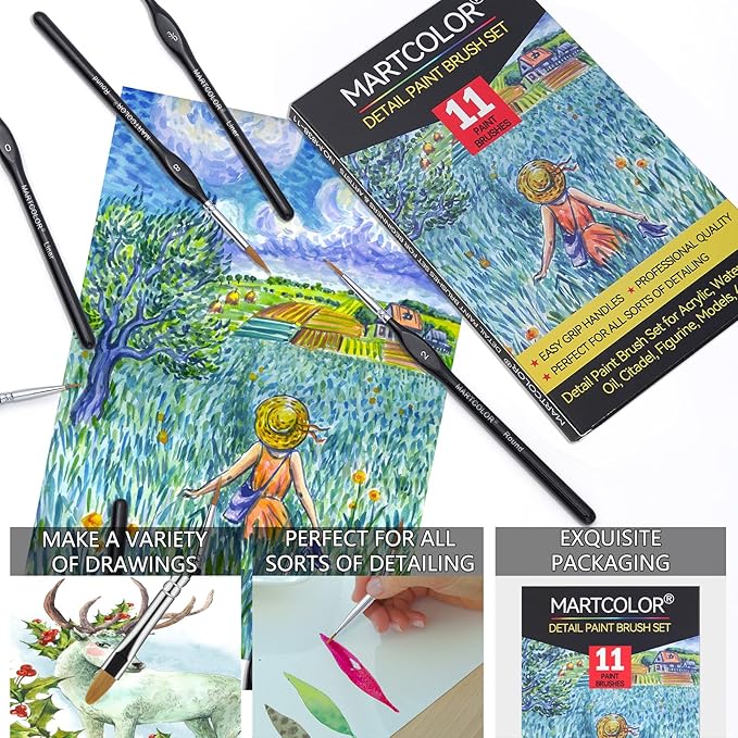 Detail Paint Brush Set,11pcs Miniature Paint Brushes for Fine Detailing, Art Painting, Micro Paint Brush Set for Acrylic, Watercolor, Oil, Paint by Number, Citadel, Figurine, Models, 40k