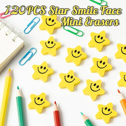 120pcs Star with Smile Face Mini Erasers Fun Smiley Face Yellow Cartoon Eraser Assortment Cute Smiling Desk Puzzle Erasers for Kids School Carnival Reward Student Prizes Birthday Gifr Filler