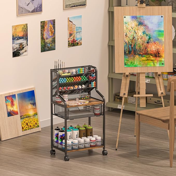Small Rolling Utility Cart with Drawer, Metal Craft Storage Cart with Lockable Wheels, Versatile Art Cart with 6 Tiers & Removable Dividers for Drawing Room, Store Paints & Artifacts (Patent Pending)