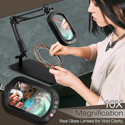 10X Square Magnifying Glass with Light and Stand, Real Glass 5 Color Modes, Brightness Stepless Dimming Lighted Magnifier Hands Free, 2-in-1 Desk Lamp with Clamp for Close Work, Crafts, Hobby, Reading
