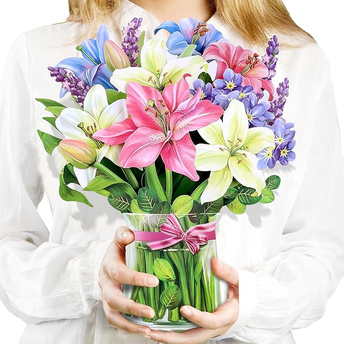 Airpark Pop Up Bouquet Card, Lillies & Lupines, 12 inch Paper Flowers 3D Popup Cards with Note Card and Envelope for Birthday and Gifts, Get Well for Women Kids, Easter Decor