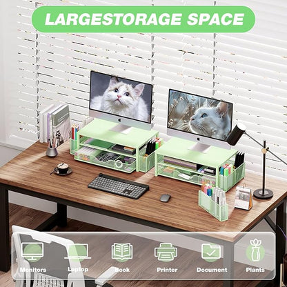 Desk Organizers and Accessories, 2-Tier Computer Monitor Stand for Desk Organizer with Drawer and 2 Pen Holders, Office Desk Accessories Workspace Desktop Organizers for Office Supplies, Green