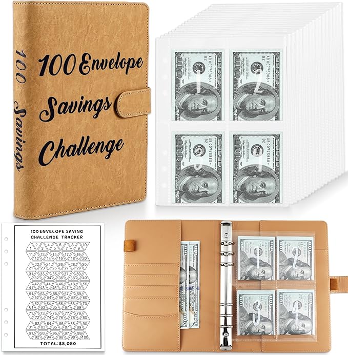 Brown 100 Envelope Money Saving Challenge Money Saving Challenge Binder Budget Binder 100 Envelopes and Tracker Money Saving Book for Budget Planning and Saving Money for Office Home School