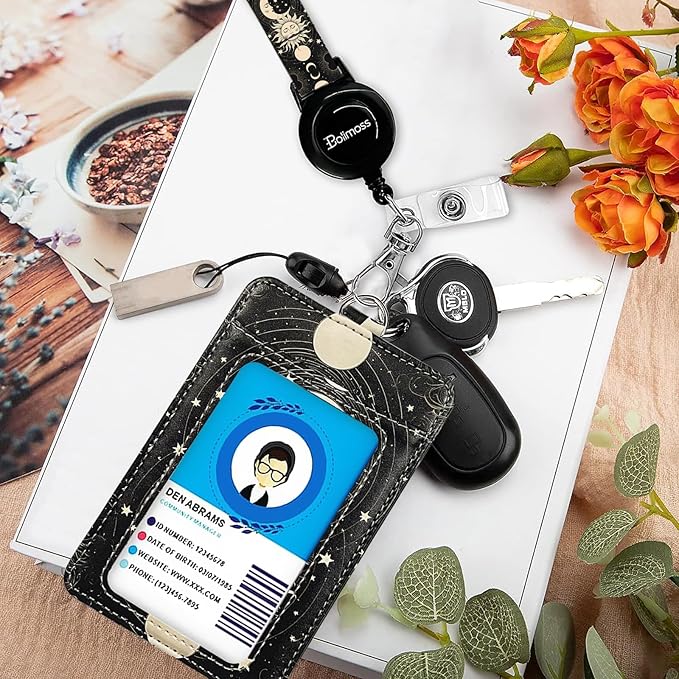 bolimoss Sun and Moon Badge Holder with Retractable Reel and Detachable Lanyard Strap Leather Name Card Protector Adjustable Key Lanyards for Women Nurse Teacher Student