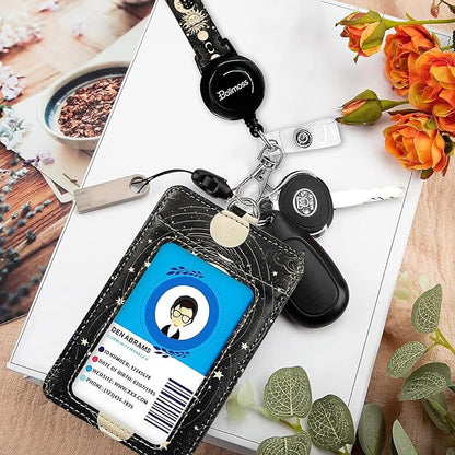 bolimoss Sun and Moon Badge Holder with Retractable Reel and Detachable Lanyard Strap Leather Name Card Protector Adjustable Key Lanyards for Women Nurse Teacher Student